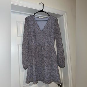 Long Sleeve V-Neck Blue Floral Print Dress